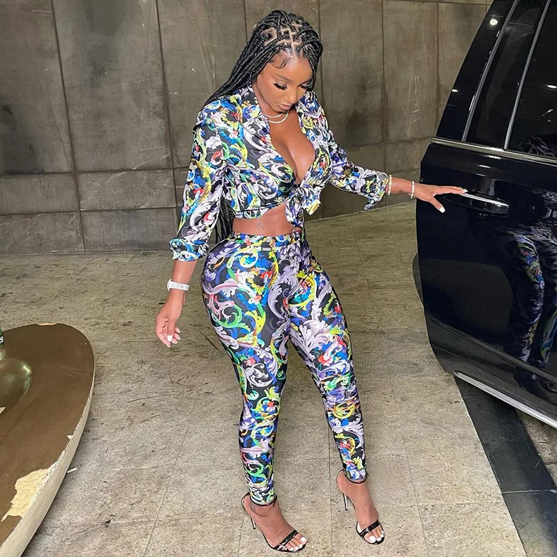 

M456 Boutique wholesale printed blouse and pant set fall outfit fashion two piece sets for women