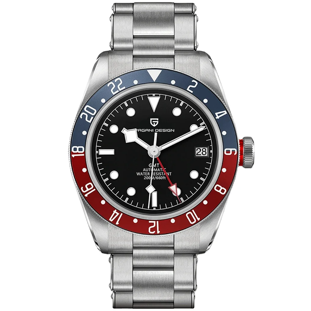 

PAGANI DESIGN New GMT Men Mechanical Wrist Watch Luxury Automatic Sapphire Glass Steel Waterproof Diver Clock reloj hombre 1706, Shown