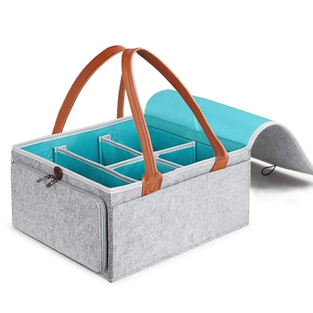 

Large Capacity Waterproof Grey Felt Diaper Caddy Organizer Baby Nursery Storage Basket with Leather Handle and Detachable Lid, Grey&green or customized