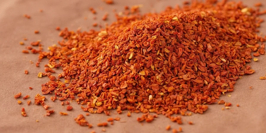 Colorful spice jars including chili flakes on a rustic wooden shelf