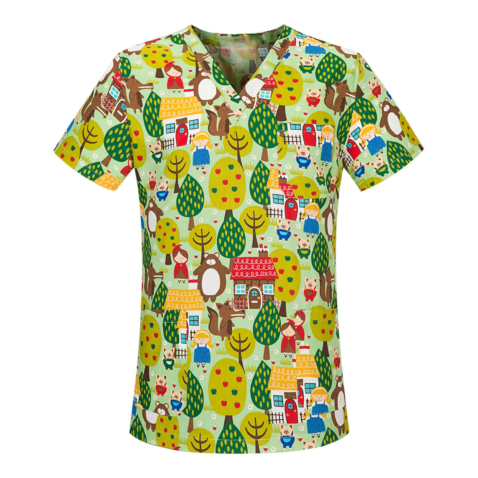 

custom wholesale top quality 3-pocket snap front medical nurses women printed scrub uinform mandarin tops