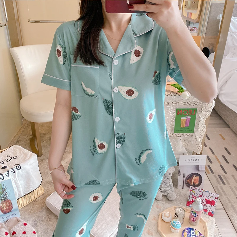 

Web Celebrity Hot Style Sleepwear Short Sleeved Pants 2Pcs Sets Pajamas Loose Printed Pijamas Lapel Casual Home Wear For Lady, Picture shows