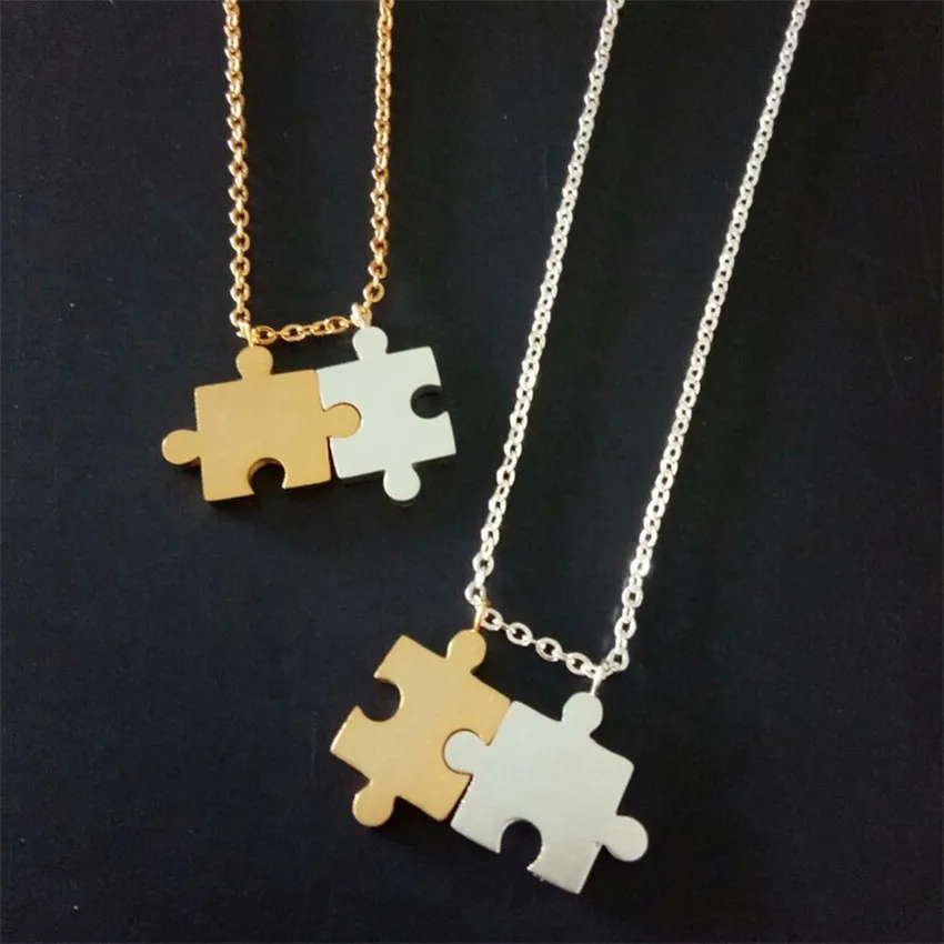 

Women Men Boys Jewelry Stainless Steel Chain Gold silver plated Jigsaw Silver necklace for Couple Gifts, As pic