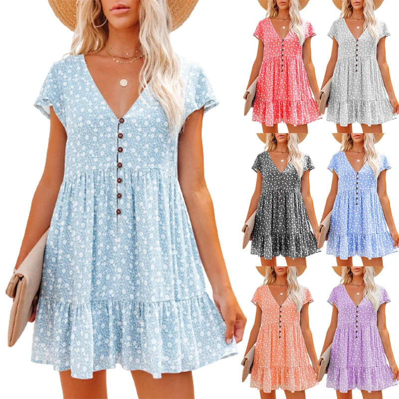 

2022 women's spring and summer new fashion elegant printed short dress elegant V-neck short-sleeved floral casual dress