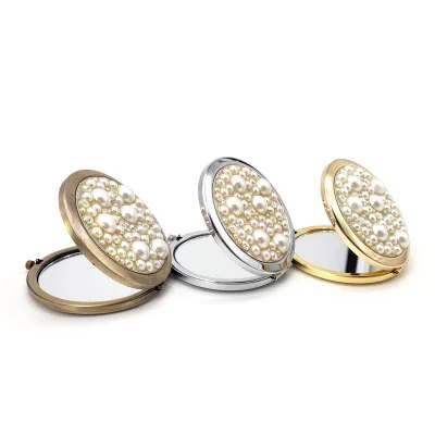 

New pearl bling zinc alloy round Pocket Mirror for women beauty tools, Golden silver bronze