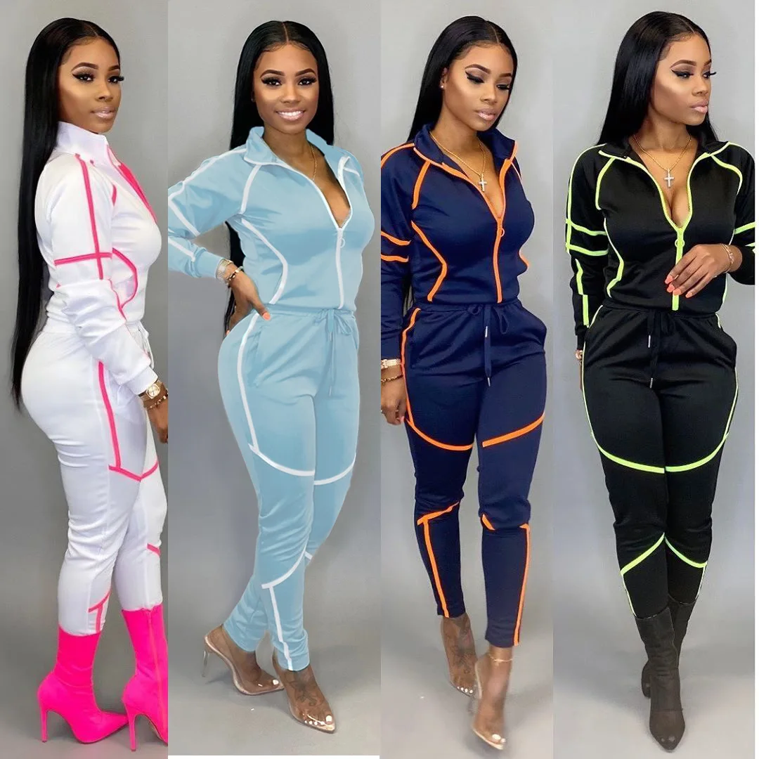 

Color Block Women Fall Two Pieces Fashion Sportswear Long Sleeve Sport Set Turndown Collar Womens Track Suits With Zippers