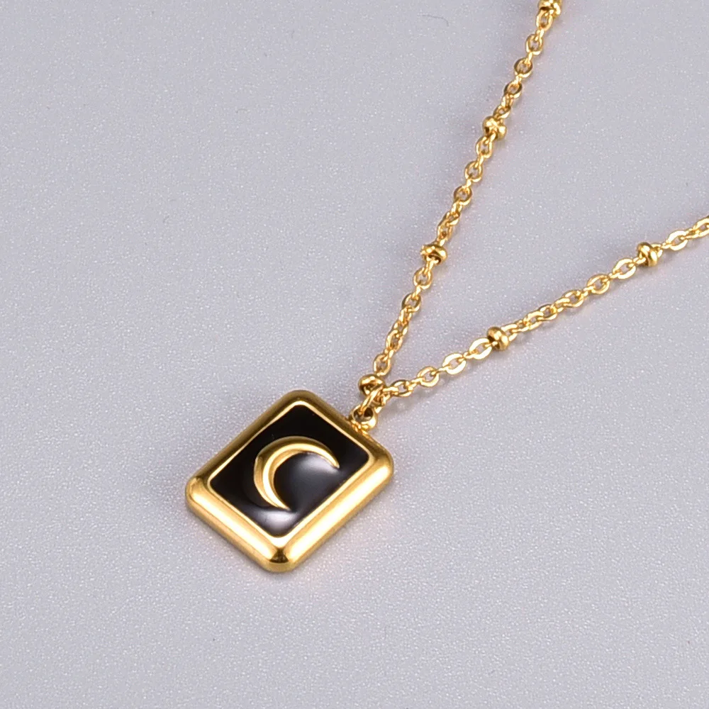

18K Gold Plated Stainless Steel Beads Chain Necklace Black Enamel Moon Rectangle Pendant Necklace