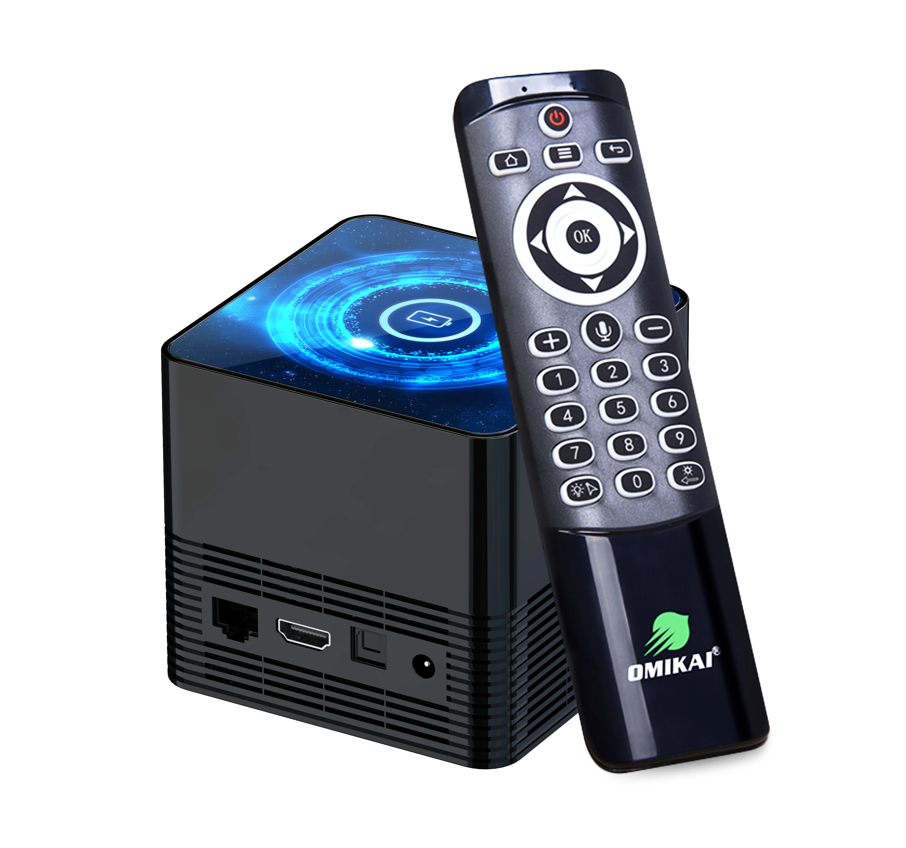 

New Generation Factory Made Seven-Colorful Backlit Breathing Lamp Omikai K1 Smart Wireless Charging Tv Box