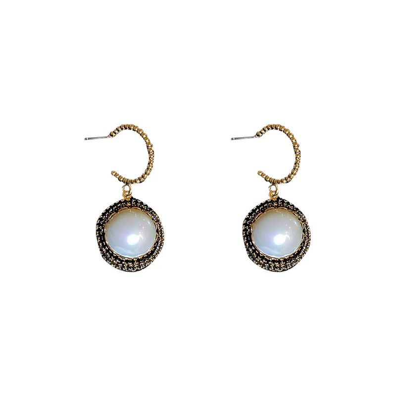 

2021 Sailing Geometric Circle Diamond Earrings Retro Pearl Earrings 925 Silver Needle Pearl Hoop Earrings for Women