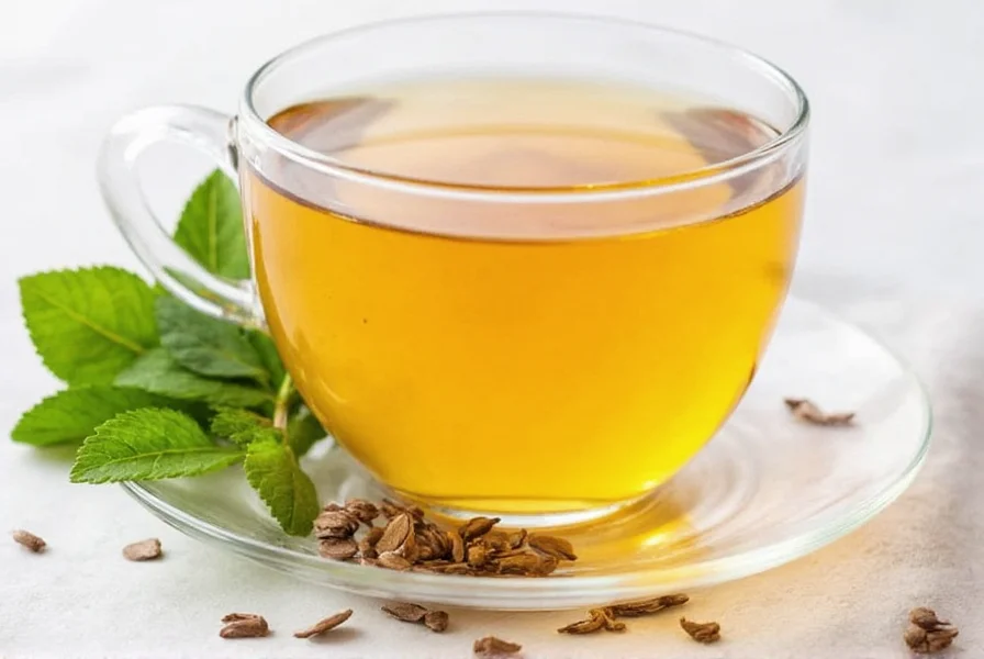 Variety of fenugreek tea preparations including whole seeds, ground powder, and brewed tea in glass mug