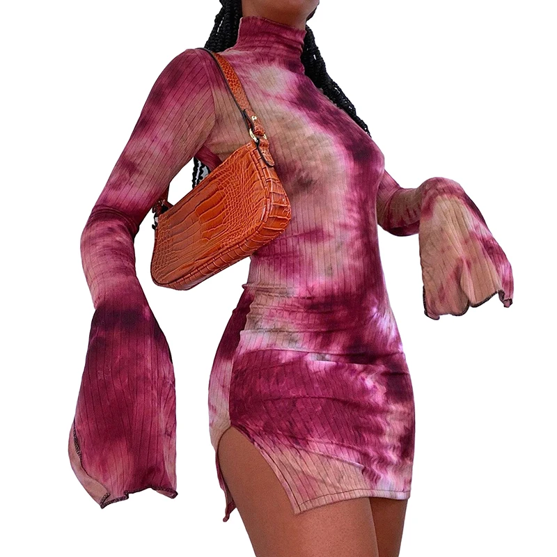 

2021 Spring Tie-Dye Printing Petal Sleeve Skinny Turtleneck Vestidos Casual Split Women Mini Dress