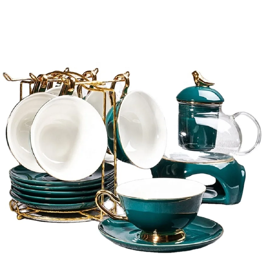 

Creative Household Waterware Gift Set Nordic Style Tea Set Ceramic Cold Kettle Scented Tea Afternoon Tea Cup Set, Green / blue