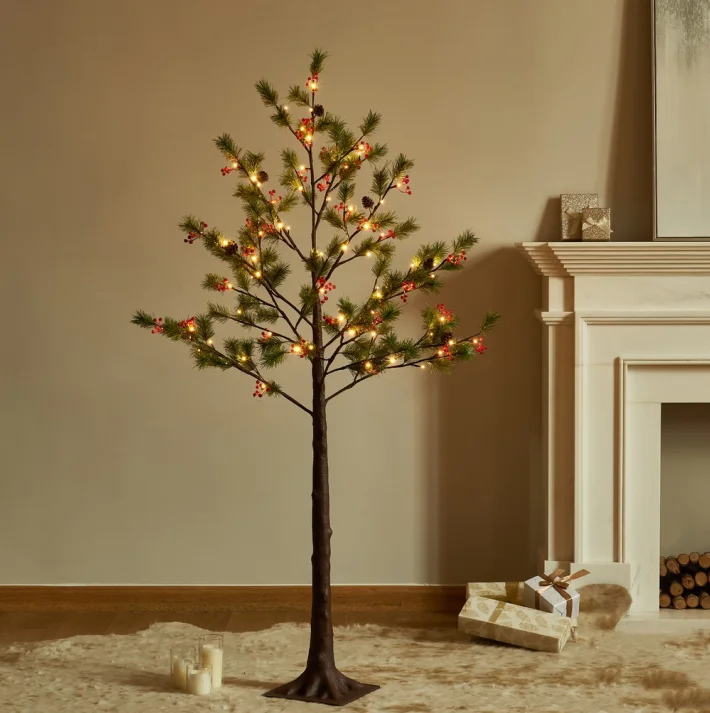 Pre Llit Green Pine Cones and  Red Berries Christmas Tree warm white LED Lit Trees for Holiday Xmas Outdoor  Indoor Lights