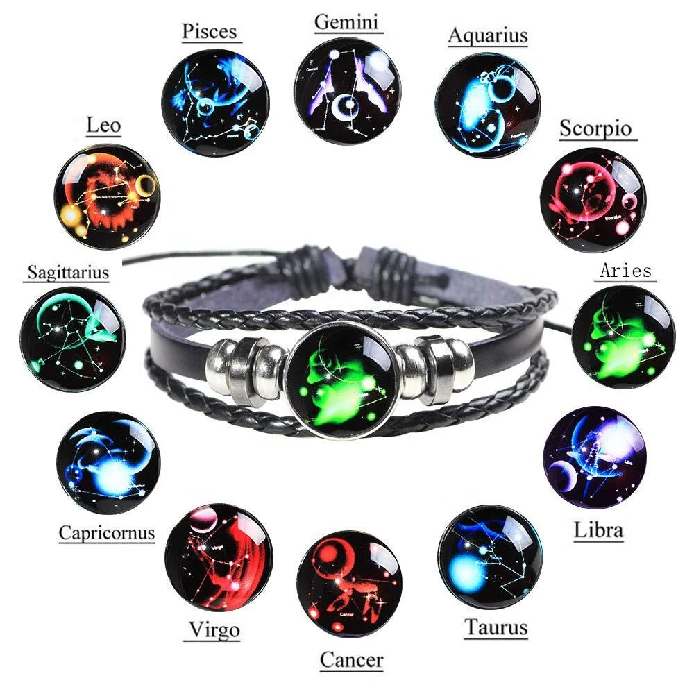 

100% Leather Jewelry Brass Alloy Twelve Zodiac Hand-woven Beaded Leather Rope Bracelet DIY Hand Rope, As pictures