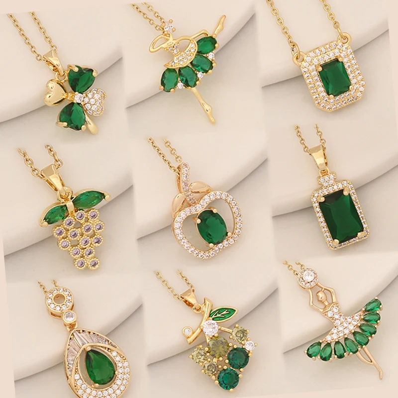 

Emerald Zircon 18K Gold Plated Stainless Steel Fruit Cross Butterfly Pendant Necklace Jewelry