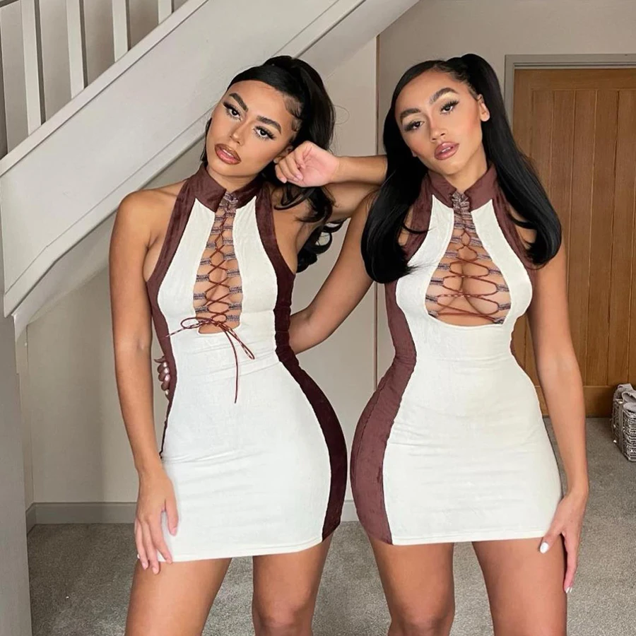

2021 Spring Patchwork Bandage Bodycon Female Vestidos Clubwear Sleeveless Sexy Women Mini Dress