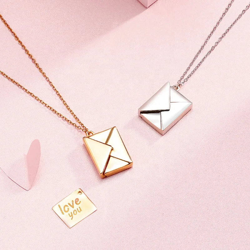 

Fashion Charm Jewelry Envelope Brass Pendant Necklace & Rose Gold Plated Dainty Engraved Letter Love You For Women, Silver and rose gold