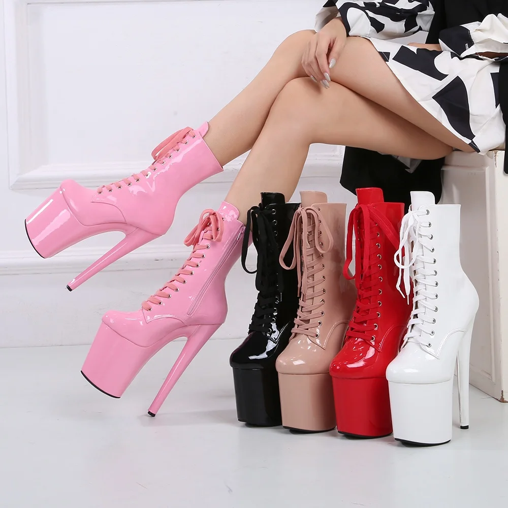 

Sexy stripper heels laces round head low leg ankle boots 20cm sexy shoes very high heels black platform pole dance shoes, Yellow,black,red