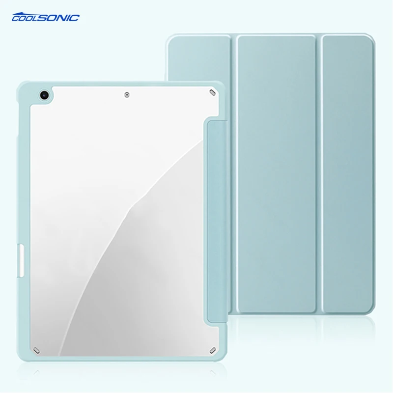 

2021 New Flip Trifold Transparent PC Back Cover +Pencil Holder Tablet Case For iPad 10.2 9th Gen 2021, Multi colors