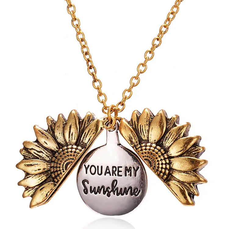 

SC Hot Selling Double Levels Necklaces Engraved You Are My Sunshine Necklaces Openable Old Gold Plated Sunflower Locket Necklace
