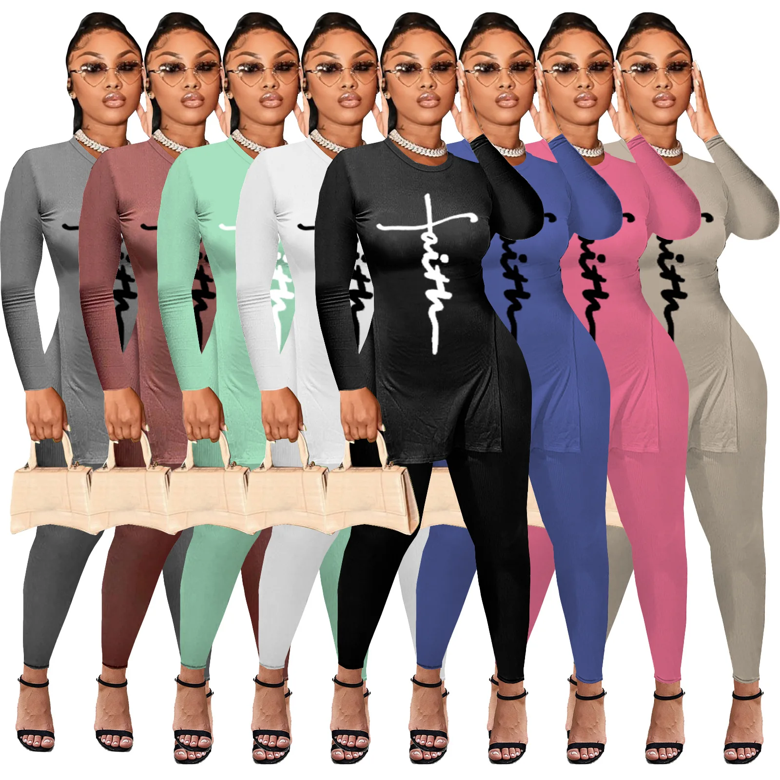 

Plus Size 2022 New Trending Faith Letter Print Two Piece Set Women Long Sleeve Lounge Wear Slim Fit Jogging Suit