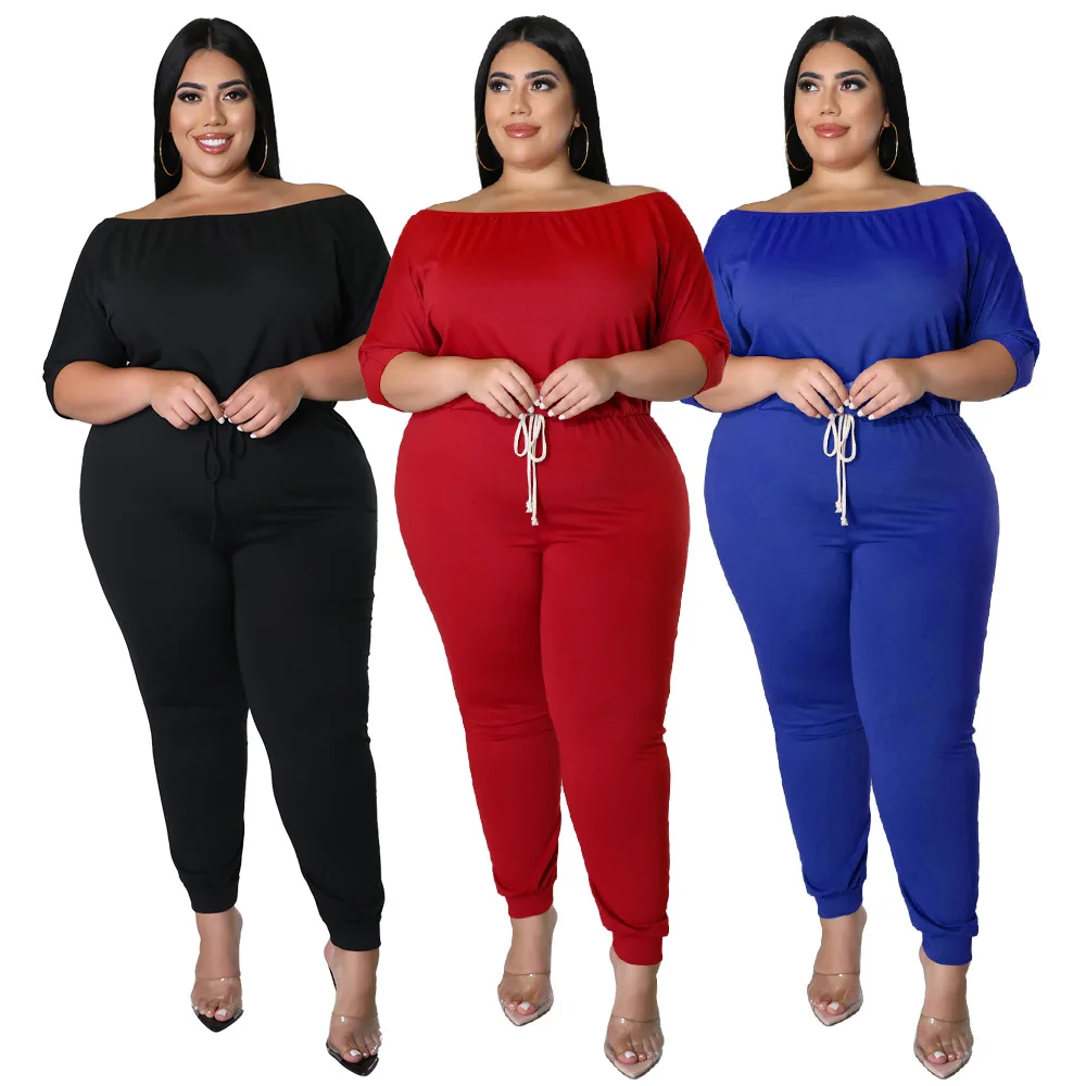 

Casual Solid Half Sleeve One Shoulder Drawstring High Waist Slim Jumpsuits Sets Track Trousers Plus Size Women Jumpsuit, Black,burgundy, blue