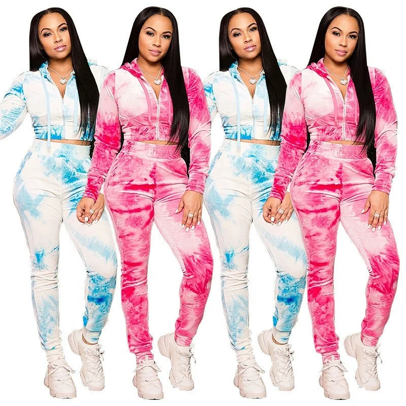 

Women 2021 Winter Sexy Tie dye 2 piece set For Usa Contrast Color Jumpsuit Velvet Hooded sweater Jumpsuits women set, Picture