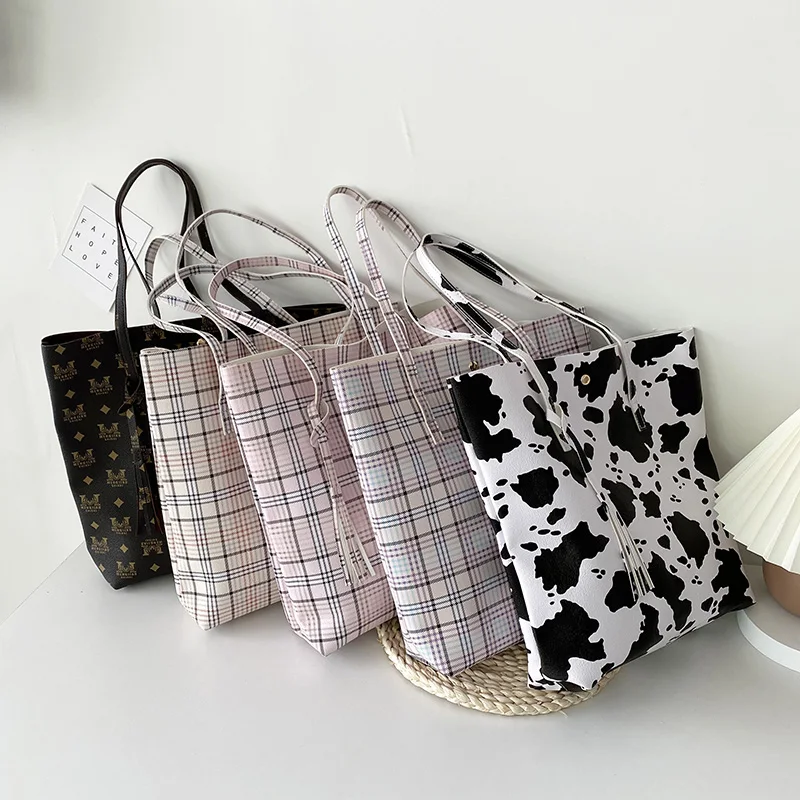 

2021luxury Promotional Ladies Shoulder Bags Plaid and Cow Print Brand Designer Simple Tote Bags