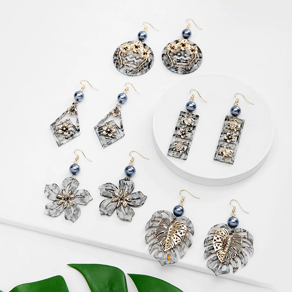 

SophiaXuan Holiday Acrylic Earrings Pearl Dangling Gold Plated Leaf Pendant Hawaiian Earrings, Picture shows