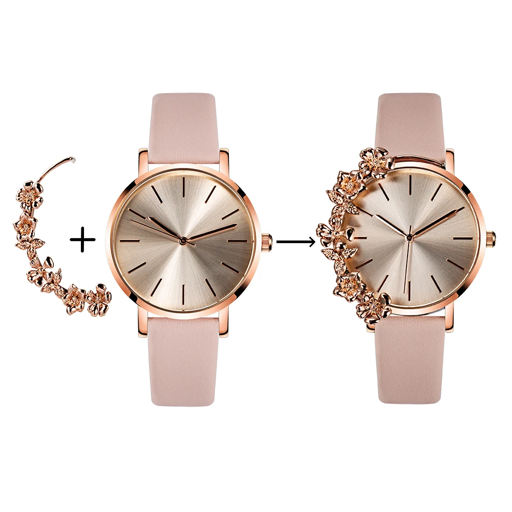 

2020 Interchangeable Flower Bezel Blush rose gold Sunray a dual-use Pink Leather Strap Quartz Watch for girls, Rose gold blush sunray