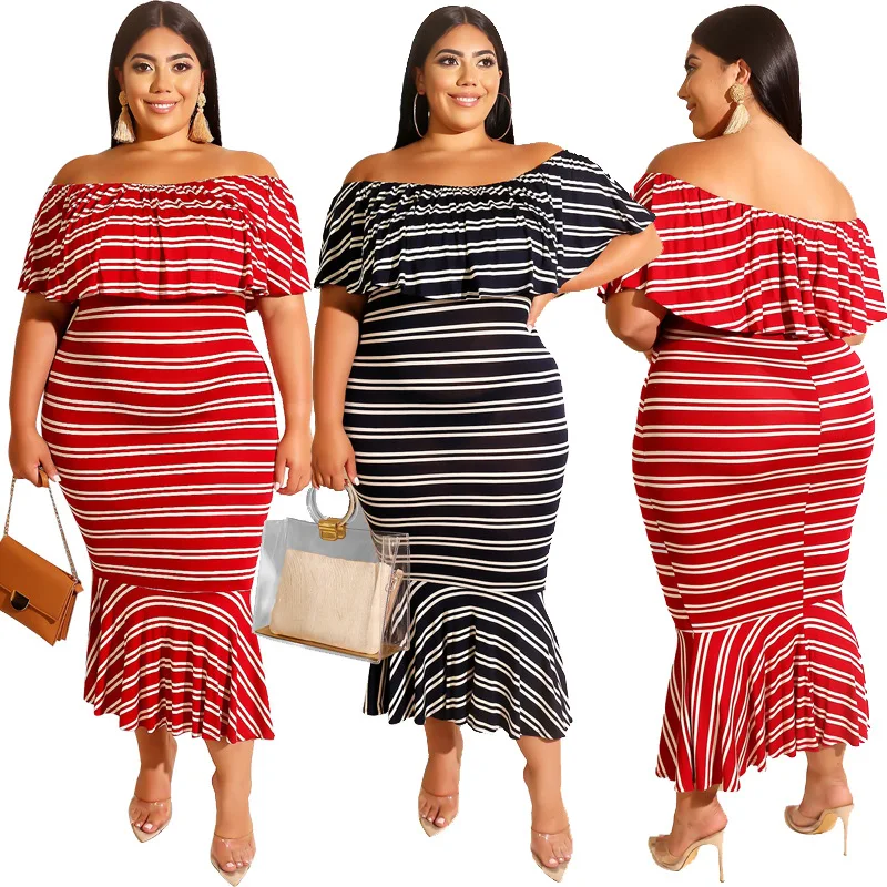 

Tight Bodycon Ruffles Dress Sexy Off Shoulder Striped Printed Ladies Elegant Evening Dresses Plus Size, Black , red