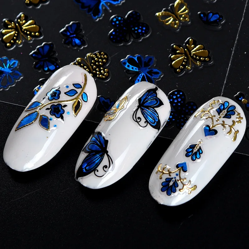 

30pcs Butterfly Stickers Nail Art Blue Butterflies Flowers Rose 3D Decals Acrylic Designs Back Glue Adhesive Manicure Stickers