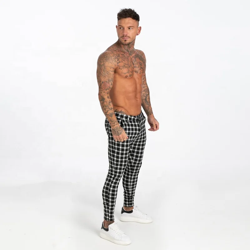 

Fast Shipping Super Stretch Black And White Formal Checkered Slim Fit Chinos Pants Men Tartan Block Trouser