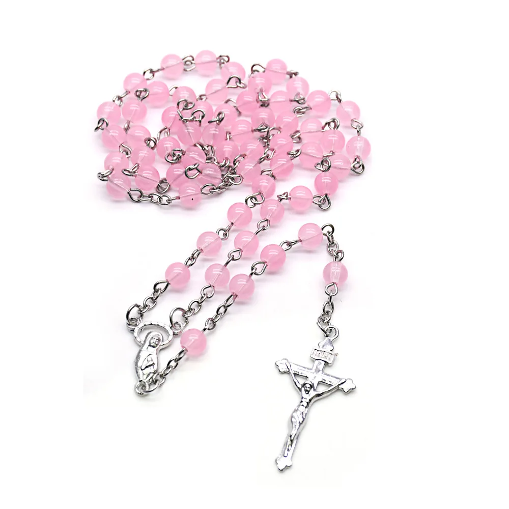 

2021 Komi High Quality 8 mm Glass Pink Beads Necklace Religious Gift Orthodox Catholic Crucifix Rosary Necklace