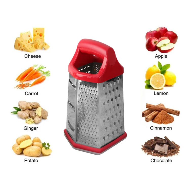 

6 Sided Stainless Steel Vegetable Slicer Zester Cheese Shredding Grater With Storage PP Box, Red