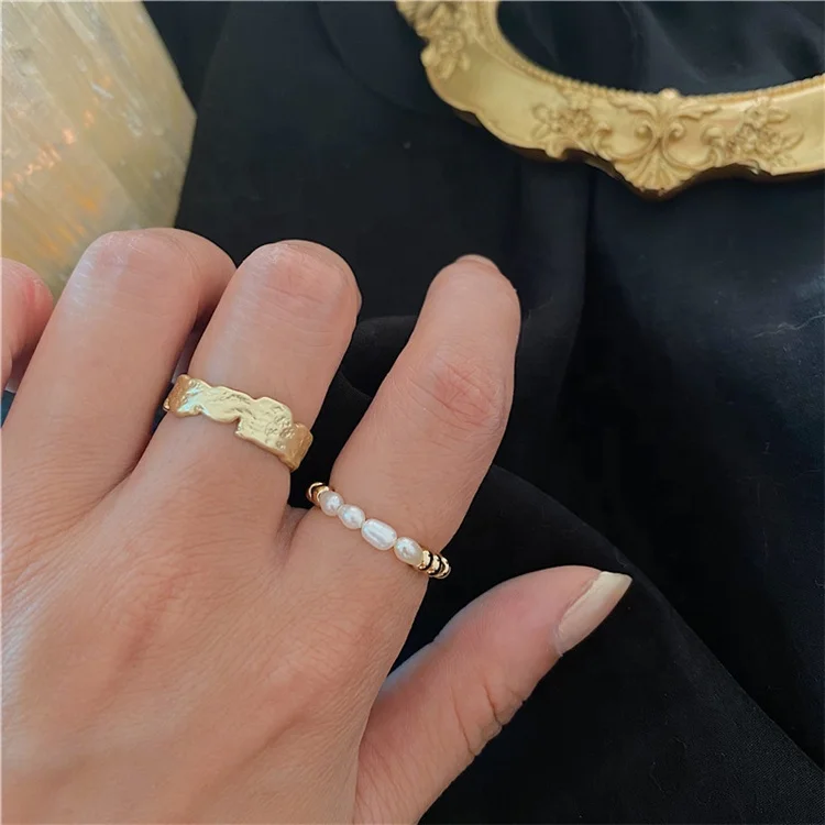 

Trendy fashion Korean style brass real gold plated natural freshwater pearl adjustable rings for women jewelry