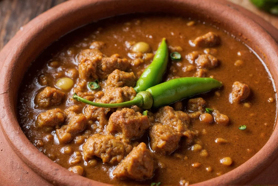 Authentic pork chili verde simmering in clay pot with tomatillos and green chiles
