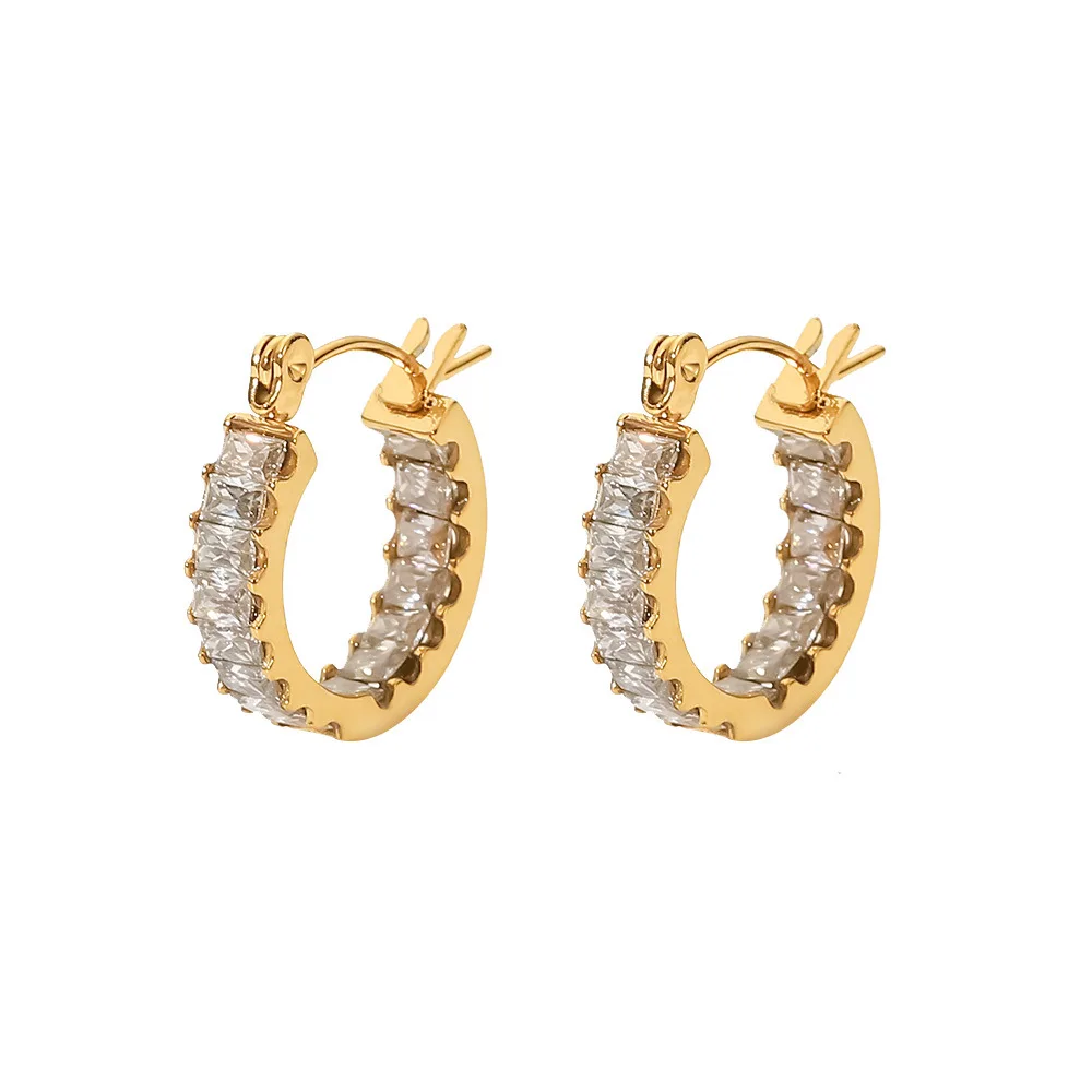 

Hypoallergenic Tarnish Free Jewelry Earrings Stainless Steel 18K Gold Plated Chunky Tennis Full Zircon Hoop Earrings YF3613