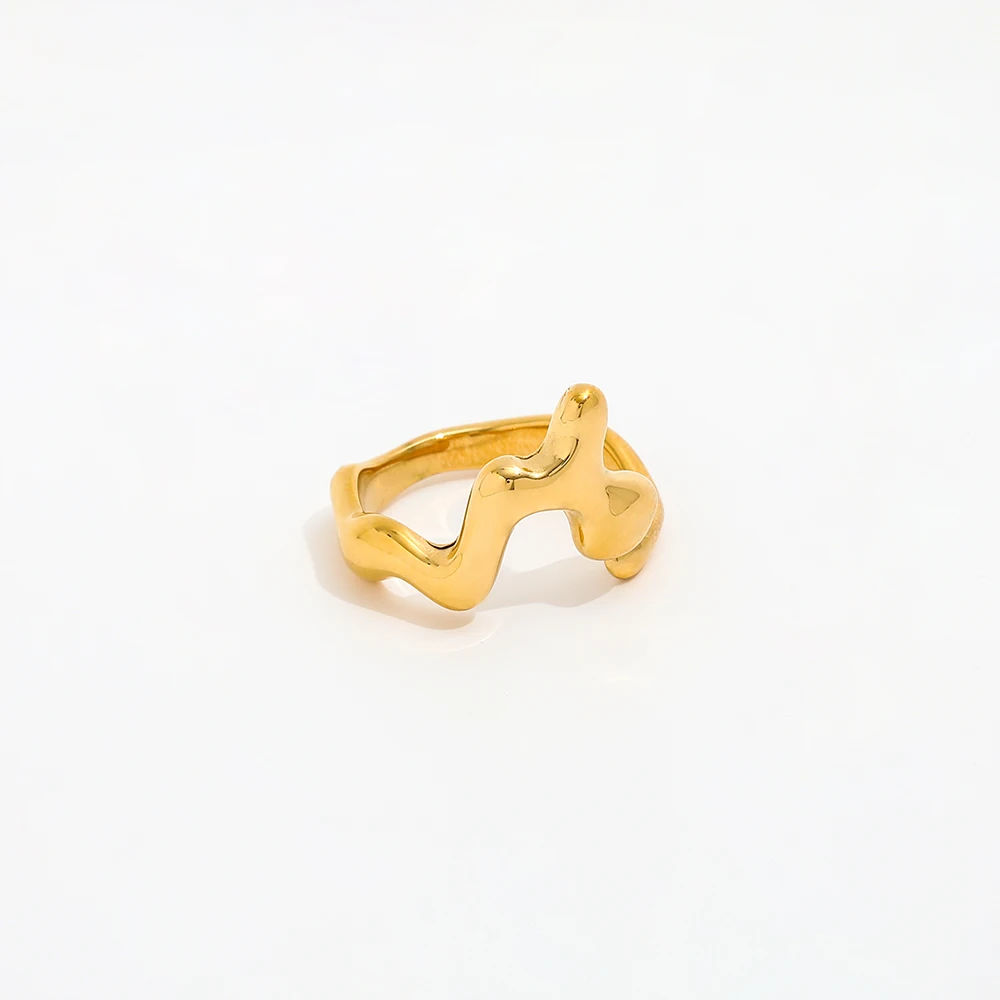 Joolim High End 18K Gold Plated Stainless Steel Chunky Fluid Abstract Irregular Open Rings for Women Finger Ring Wholesale