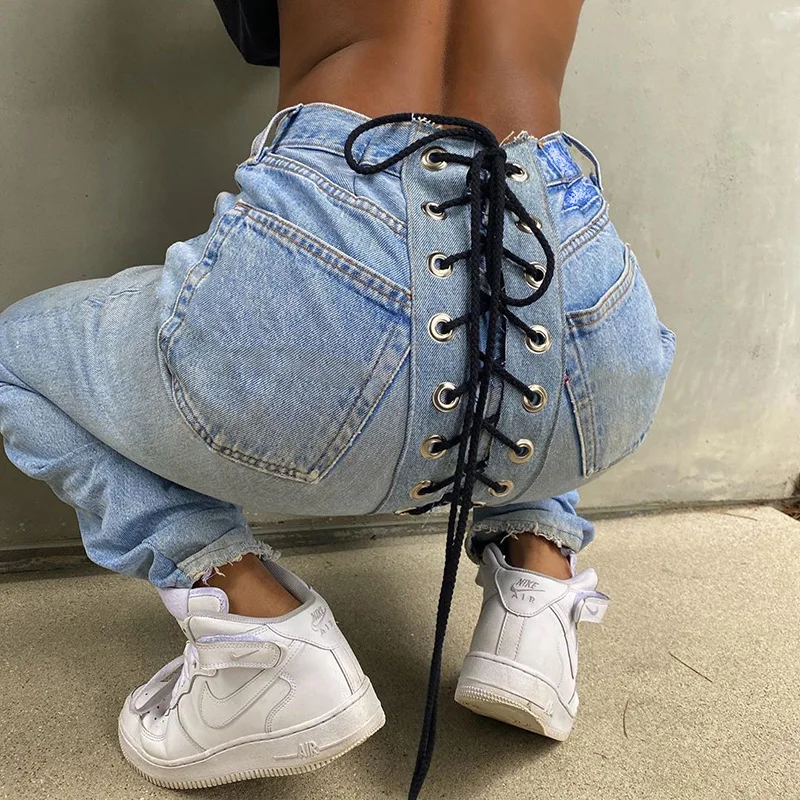 

2020 women denim pants full length new female slim fit all-match trend creative back contrast eyelet fashion jeans, Picture color