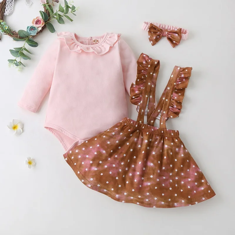 

Baby Gril Clothes Set 3 Pcs Solid Long Sleeve Romper Tops+dot Ruffles Suspender Skirt+bow Headband Sweet Baby Girl Outfit 0-18M