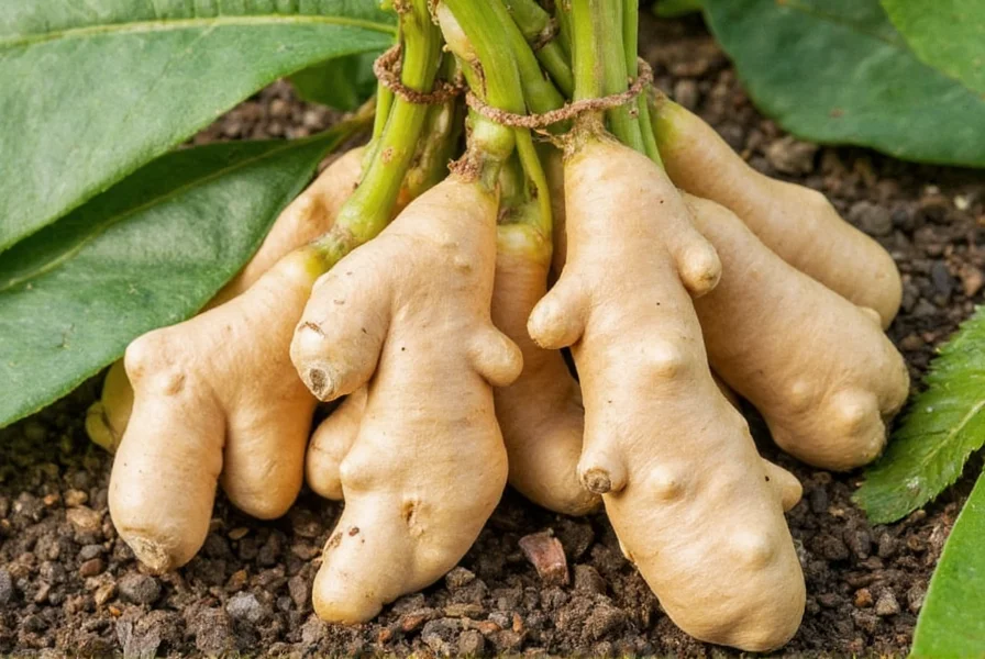 Hand harvesting mature ginger rhizomes from well-prepared garden soil