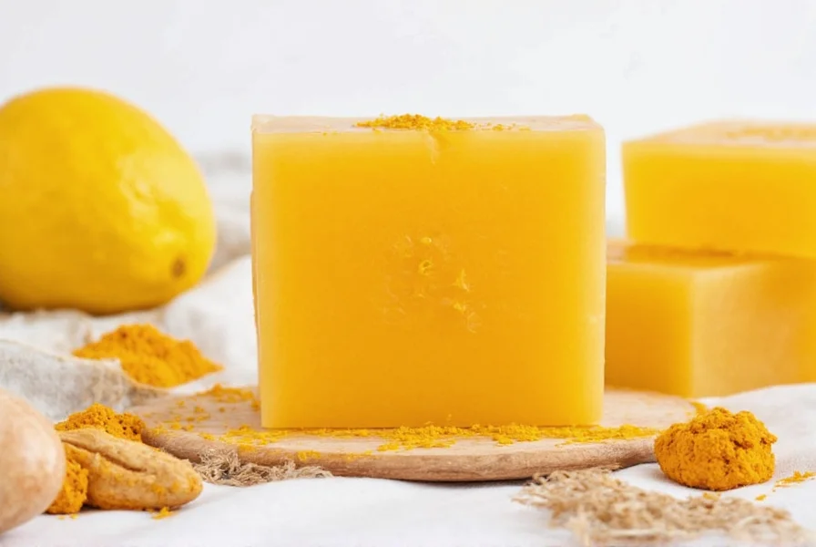 Turmeric soap ingredients laid out on wooden table