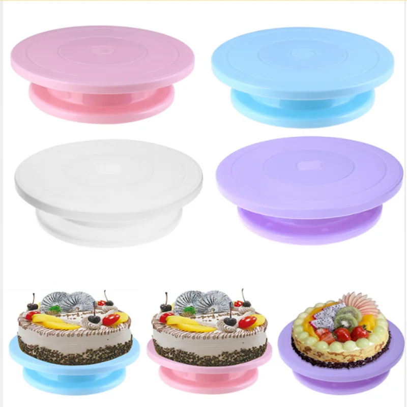 

Amazon Hot Selling 11in Cookies Pan Anti-skid Plastic Pastry Baking Decoration Tools Rotating Plastic Cake Stand Turntable, White,pink,blue,purple