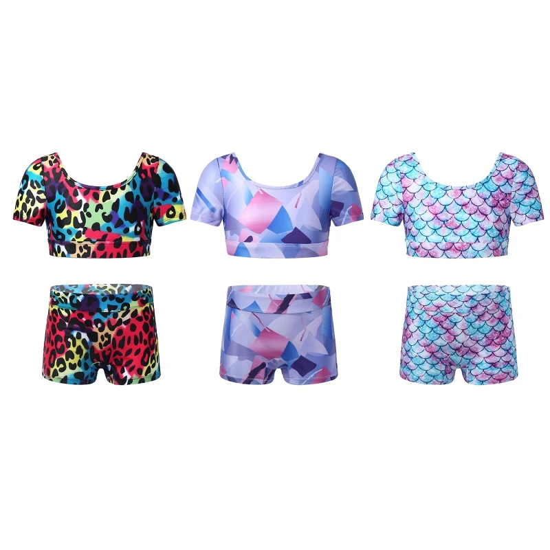 

Cheap Kids Girls Mermaid Fishscale Square Leopard Print Gym Yoga Sport Suit Crop Tank Top With Booty Shorts Set