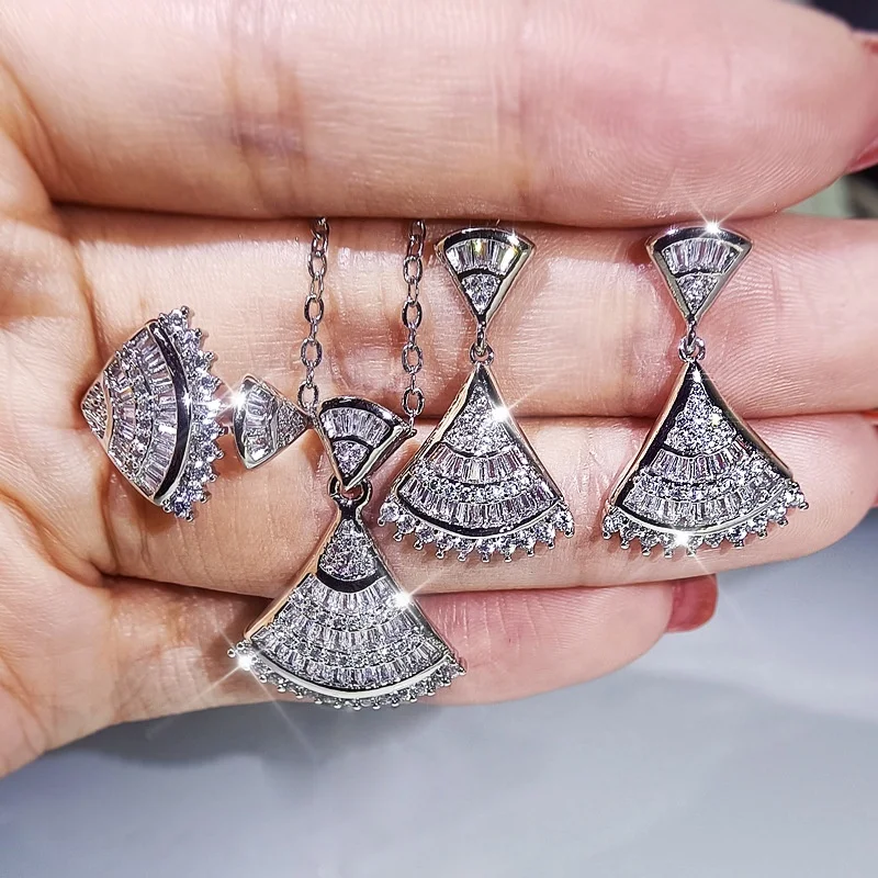 

New Hot Sale Jewelry Set Fan Shape Earrings Necklace Ring Shiny Bright Zircon Jewelry Women's Set Women Jewelry Set, Picture shows