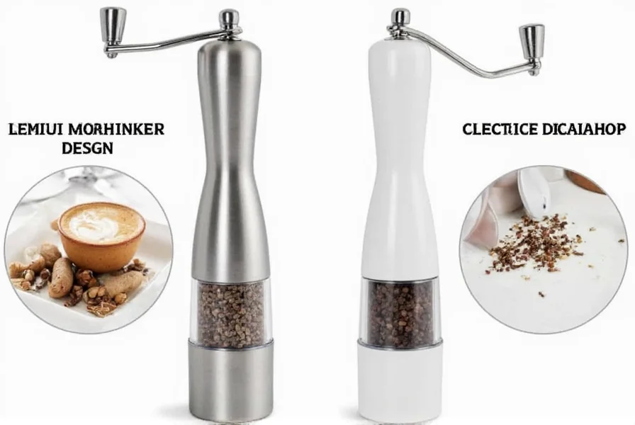 Side-by-side comparison of manual and electric pepper mills showing design differences and grinding mechanisms
