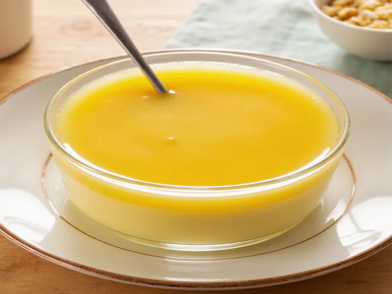 Silky homemade custard in glass bowl with spoon