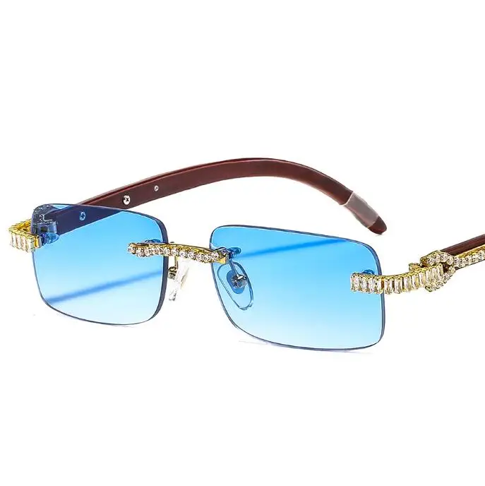 

Qmoon Fashionable Women Men Unisex Rimless Rectangle Clear Blue Sunglasses Wood with Rhinestone