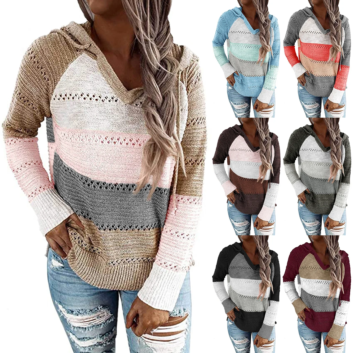 

Casual Striped Pullover Multicolor Rope women's long-sleeved hoodies knitted sweater